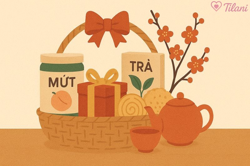 Giỏ quà đa dạng với bánh, trà, mứt là biểu tượng cho sự sung túc và đủ đầy.