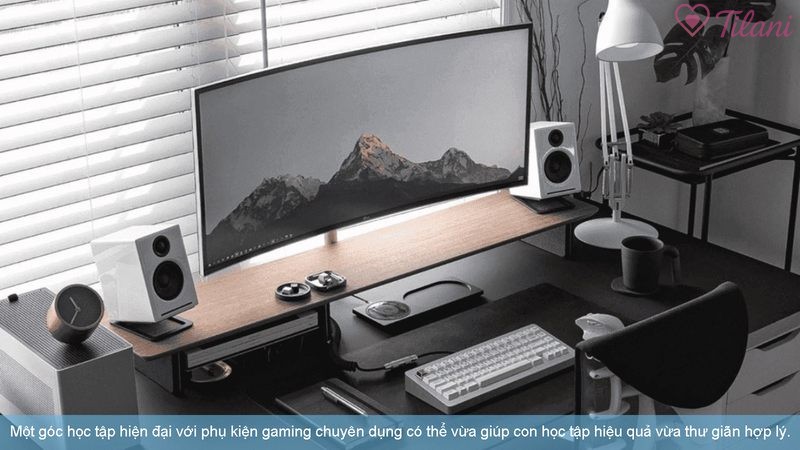 Một góc học tập hiện đại với phụ kiện gaming chuyên dụng có thể vừa giúp con học tập hiệu quả vừa thư giãn hợp lý.